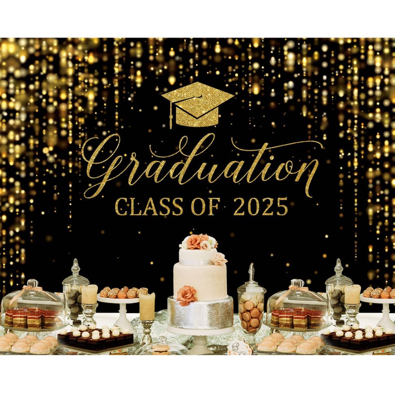 Msocio 8x6ft Polyester Black Congrats Graduation Backdrop Class of 2025 Photography Background Gold Bachelor Cap Celebration Party Decorations Banner Picture Photo Booth - Image 3